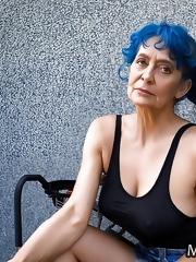 Old emo granny with blue hair doesn't play bingo but fucks in the ass