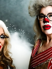 Two lustful grandmas dyed into clowns and are waiting to be fucked in their huge cunts